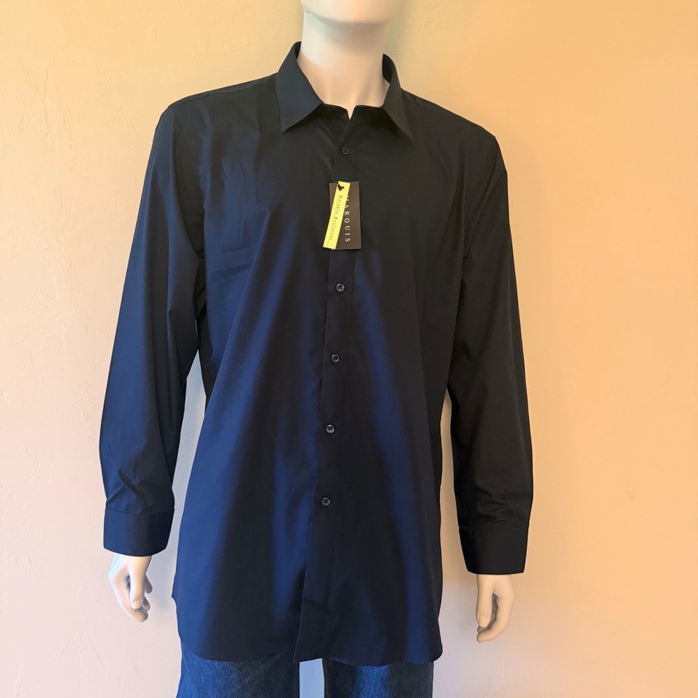 NWT‎ Marquis Signature Mens Slim Fit Dress Shirt Navy Blue Size 18 34/35